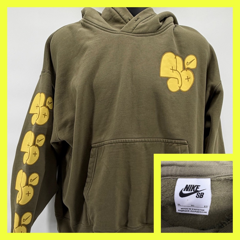 Nike SB Graffiti Hoodie Medium Olive Green Yellow Bubble Logo Men's XL